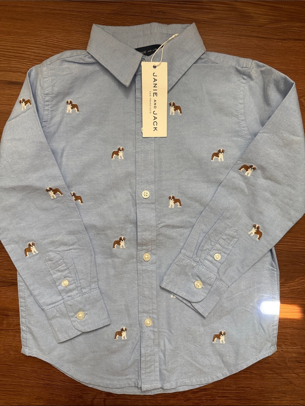 Janie and Jack Light Blue Oxford Shirt with Embroidered Dogs